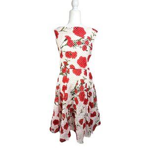 Betsey Johnson Red White A Line Fit Flare Floral Textured Midi Dress